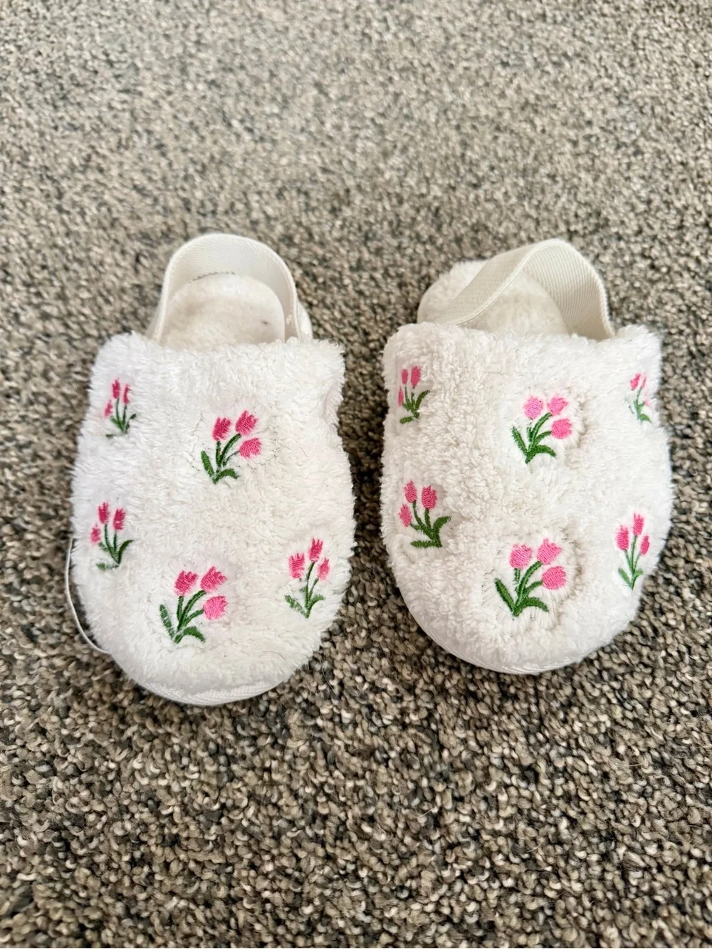 Kids Plush Floral Slippers - White with Pink Flowers